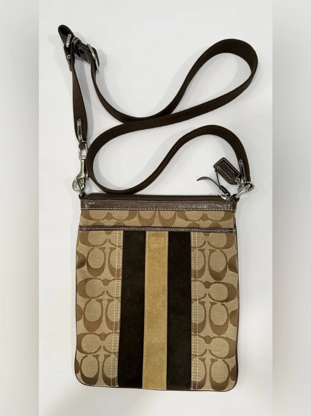 Coach Tan and Dark Brown Signature Stripe Messenger Bag